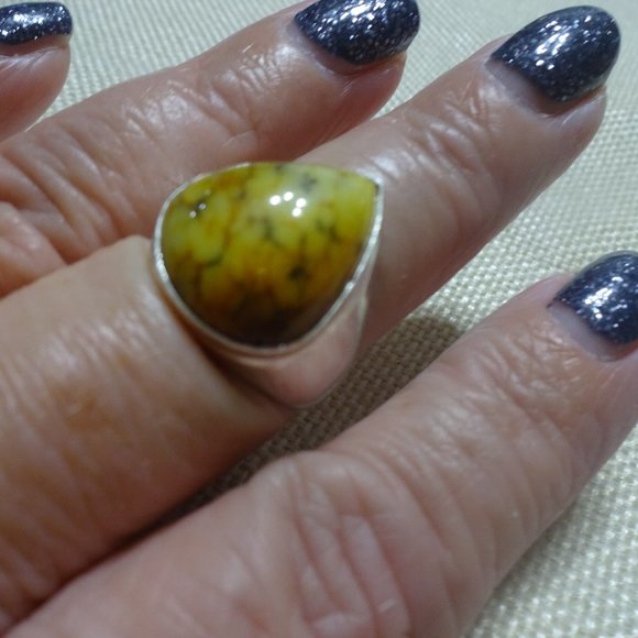 Gorgeous "YELLOW DENDRITE OPAL" Handmade Sterling Ring Size 9.25 #445B - Picture 1 of 3